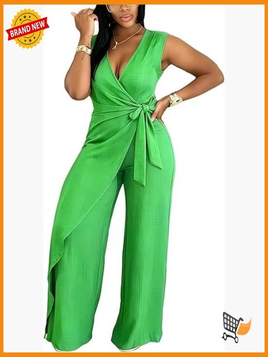 Pants - Womens Casual V-Neck Sleeveless Tie Waist Wide Leg Romper Jumpsuit